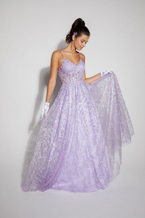 Eureka 9908 glitter print v-neck a-line gown — LILAC 1