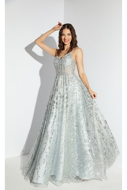 Eureka 9908 glitter print v-neck a-line gown — LILAC