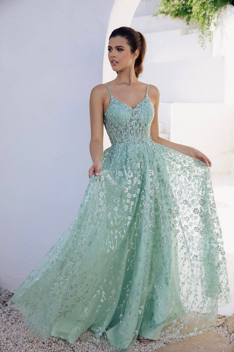 Eureka 9908 glitter print v-neck a-line gown — SAGESILVER
