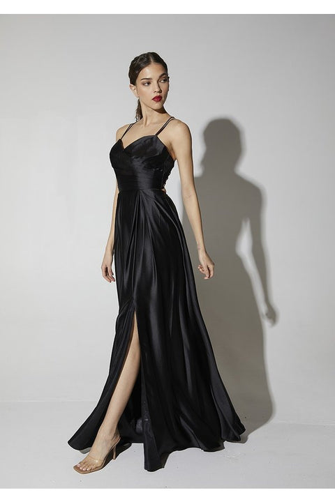 Eureka 9925 satin sleeveless a-line slit gown — BLACK
