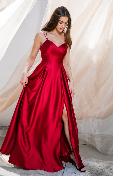 Eureka 9925 satin sleeveless a-line slit gown — BURGUNDY