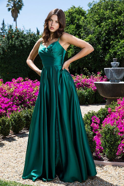 Eureka 9925 satin sleeveless a-line slit gown — EMERALD