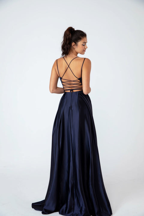 Eureka 9925 satin strappy back a-line slit gown — NAVY2 fe8b3ded 46bc 4872 ae09 63c6f3bb2cc3