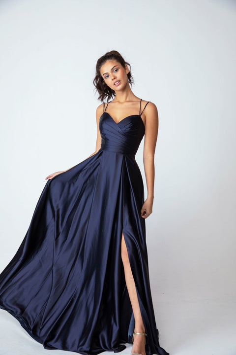 Eureka 9925 satin strappy back a-line slit gown — NAVY 506ef412 a2d9 4455 be5f 26d71966057c