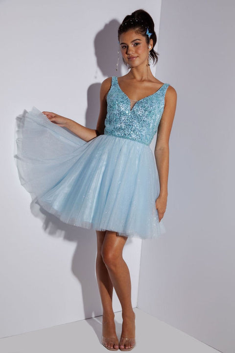 Eureka 9926 beaded short v-neck a-line dress — BAHAMABLUE