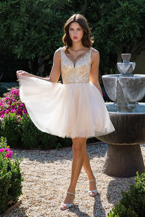 Eureka 9926 beaded short v-neck a-line dress — CHAMPAGNE