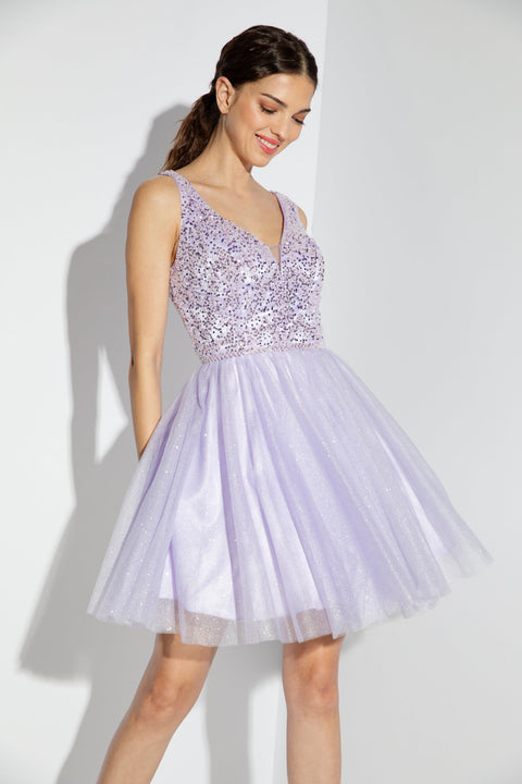 Eureka 9926 beaded short v-neck a-line dress — LILAC 26