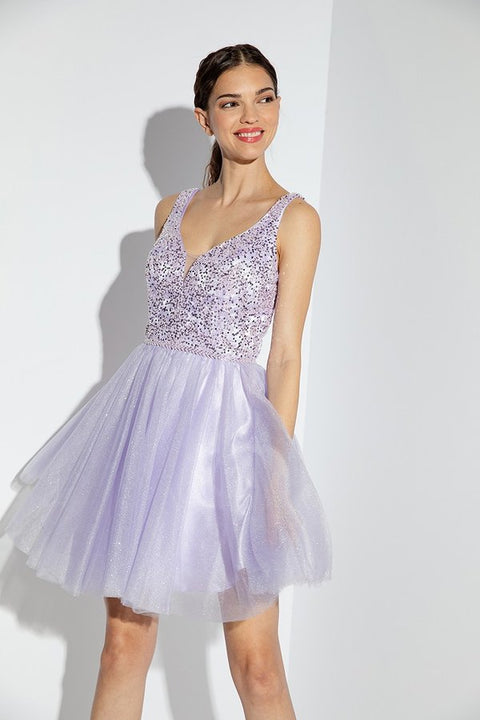 Eureka 9926 beaded short v-neck a-line dress — LILAC