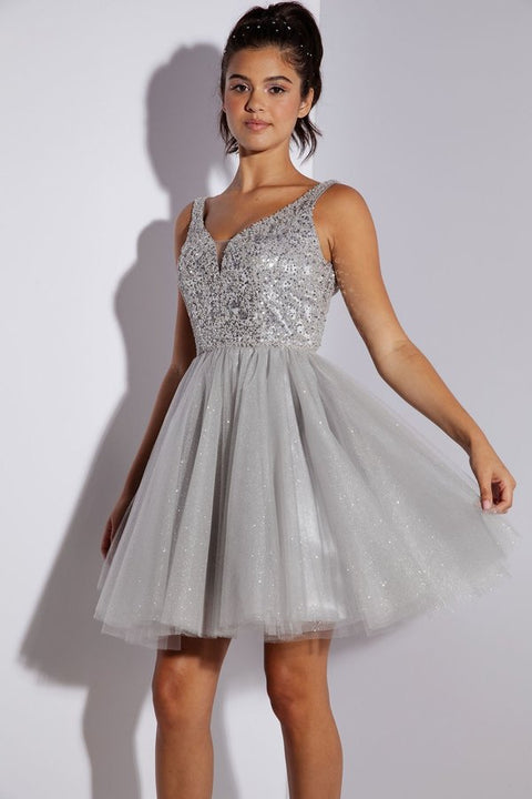 Eureka 9926 beaded short v-neck a-line dress — SILVER