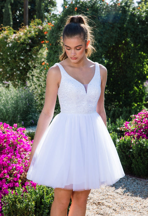 Eureka 9926 beaded short v-neck a-line dress — WHITE