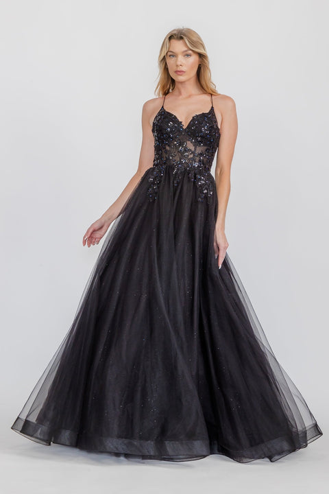 Eureka 9960 applique sleeveless a-line gown — BLACK 3