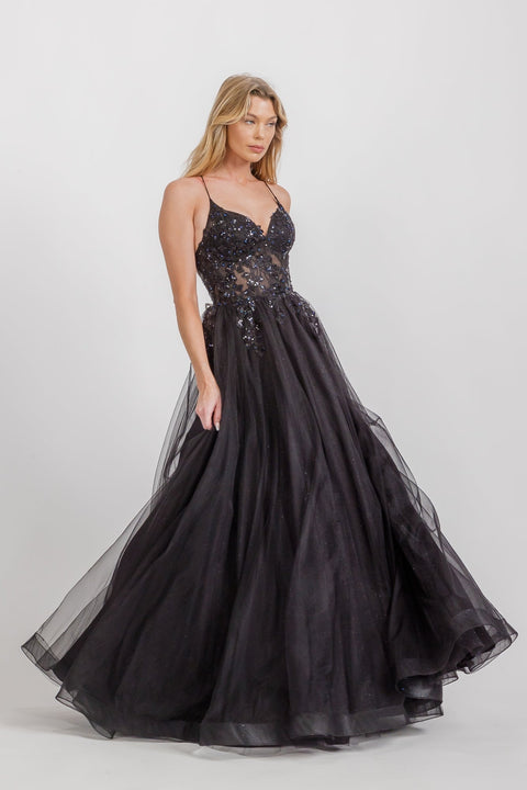 Eureka 9960 applique sleeveless a-line gown — BLACK 4