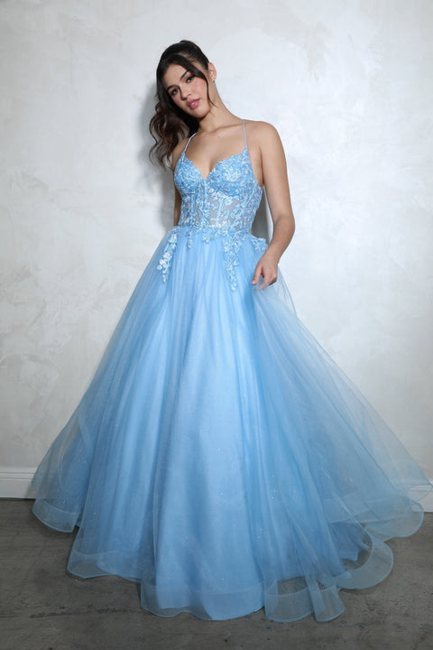 Eureka 9960 applique sleeveless a-line gown — BLUE 12