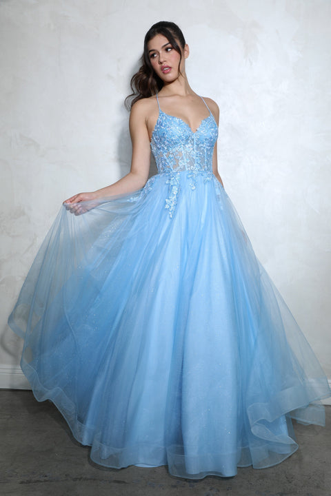 Eureka 9960 applique sleeveless a-line gown — BLUE 13