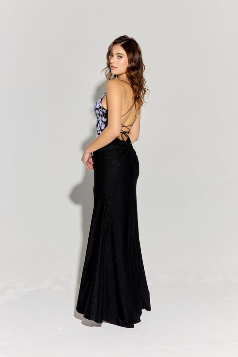 Eureka 9969 applique fitted sleeveless slit gown — BLACKLILAC2