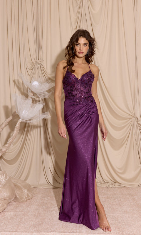 Eureka 9969 applique fitted sleeveless slit gown — PLUM