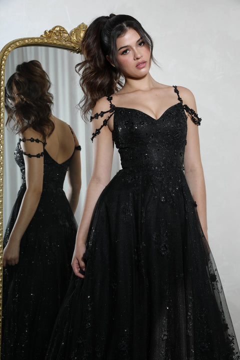 Eureka 9980 3d floral off shoulder a-line gown — BLACK