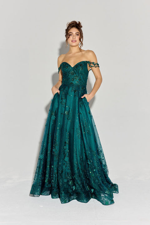 Eureka 9980 3d floral off shoulder a-line gown — EMERALD2