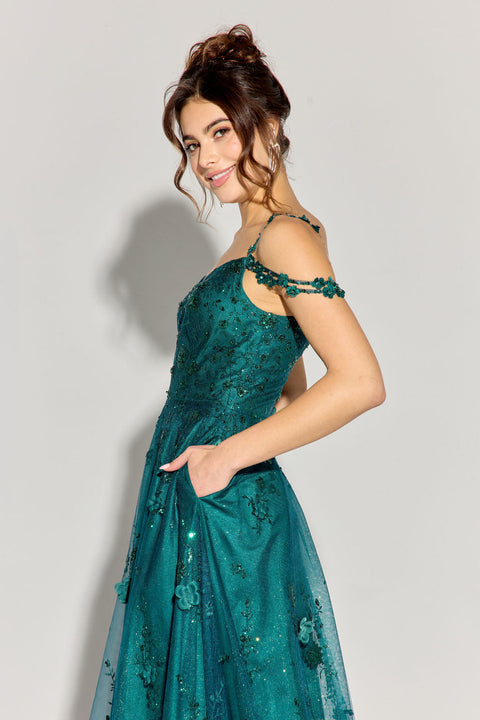 Eureka 9980 3d floral off shoulder a-line gown — EMERALD3