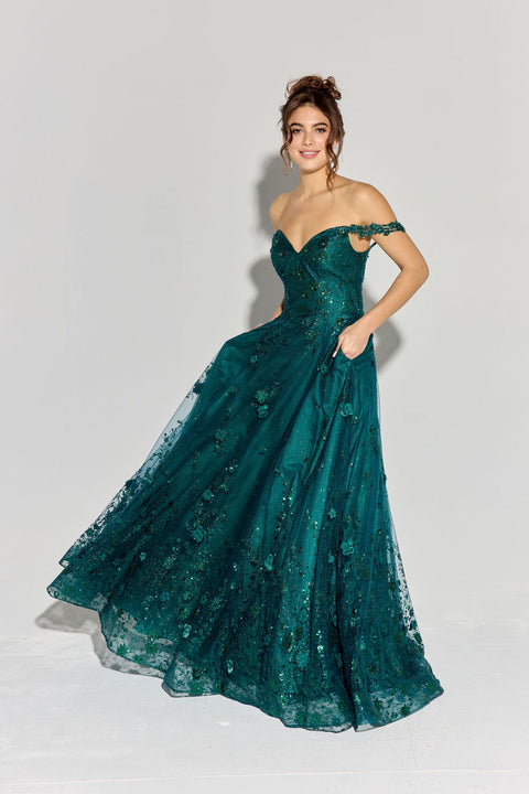 Eureka 9980 3d floral off shoulder a-line gown — EMERALD