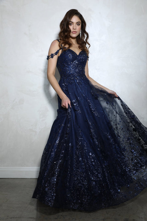 Eureka 9980 3d floral off shoulder a-line gown — NAVY