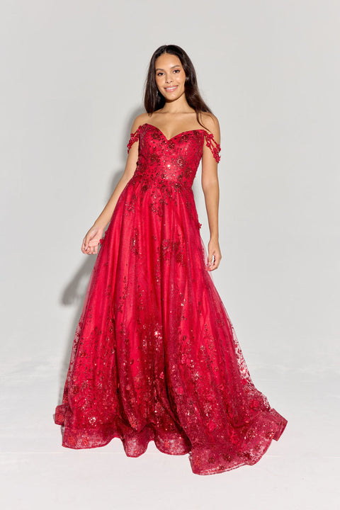 Eureka 9980 3d floral off shoulder a-line gown — RED2