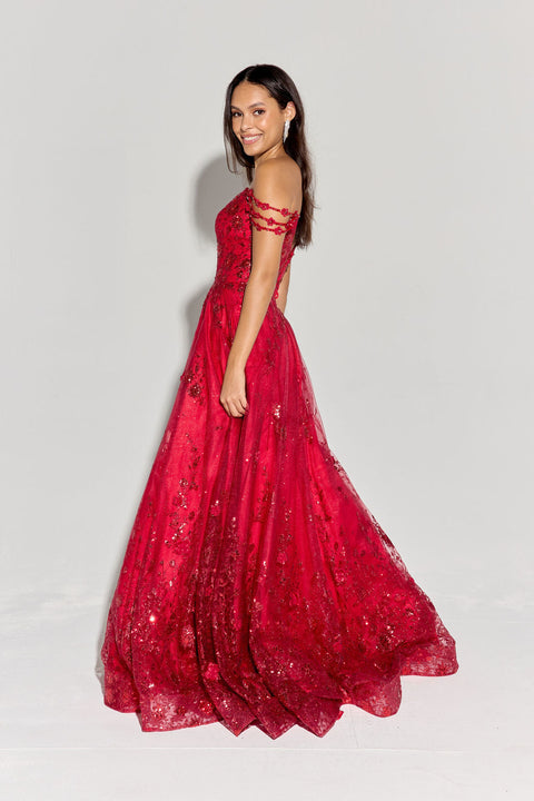 Eureka 9980 3d floral off shoulder a-line gown — RED