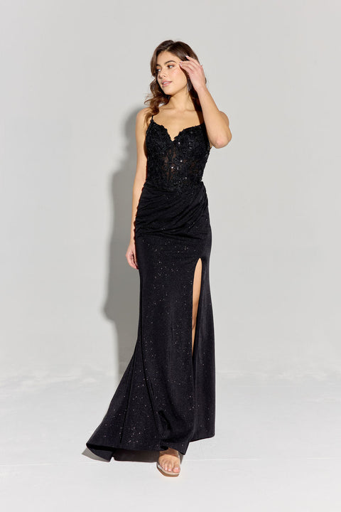 Eureka 9989 applique fitted sleeveless slit gown — BLACK