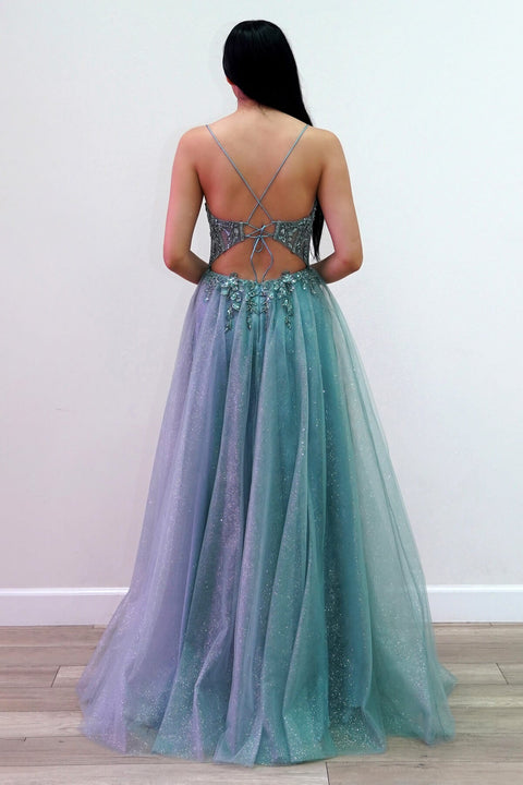 Juliet JT2618U Long V-Neck Corset Tulle Prom Dress – Fuchsia