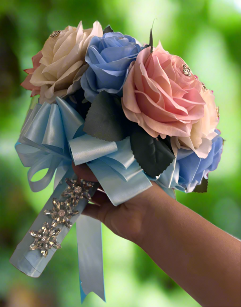 Bahama Quinceañera Bouquet in Blue, Blush Pink, and Ivory