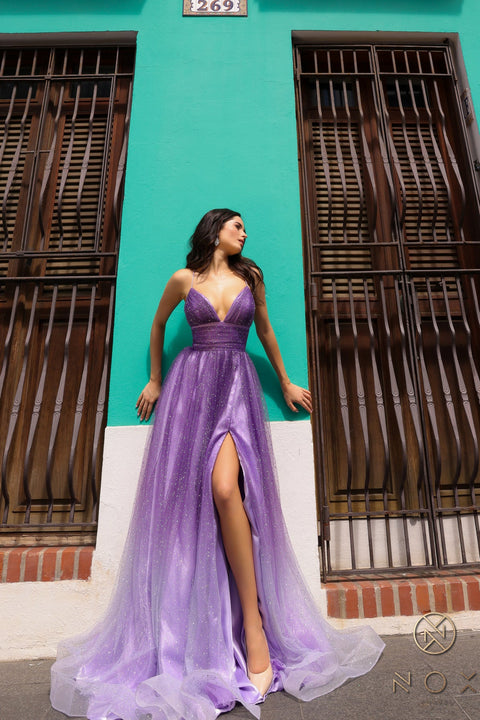 Nox Anabel Sleeveless A-line Gown with Glitter Ombre and Slit C1251
