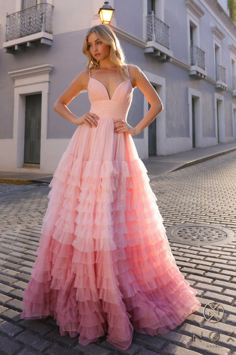 Nox Anabel Sleeveless Gown with Ombre Ruffles and Slit C1420