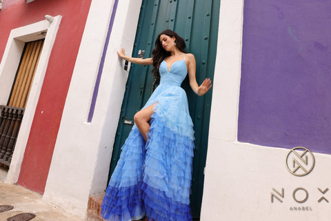 Nox Anabel Sleeveless Gown with Ombre Ruffles and Slit C1420