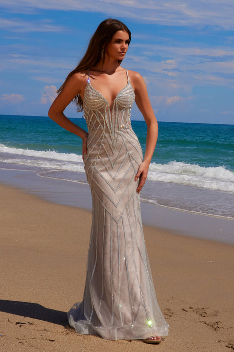 Nox Anabel C1632 Sleek Beaded Sleeveless Gown with Lace-Up Back
