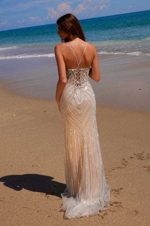 Nox Anabel C1632 Sleek Beaded Sleeveless Gown with Lace-Up Back