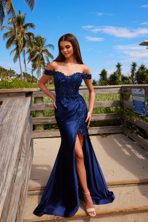 Nox Anabel C1647 Off-Shoulder Satin Gown with Appliqué Detailing
