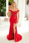 Nox Anabel C1647 Off-Shoulder Satin Gown with Appliqué Detailing
