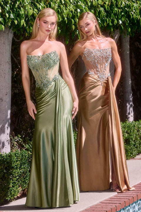 Ladivine C169 Beaded Satin Strapless Gown with Elegant Slit