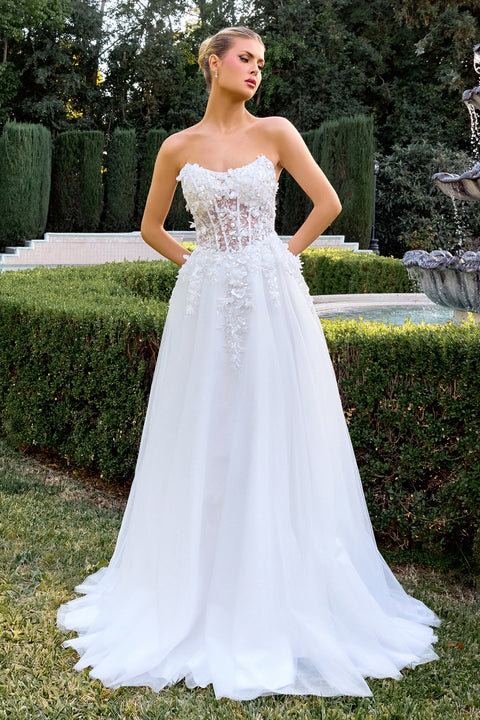 Ladivine C174W White 3D Floral Strapless A-Line Gown with Elegant Silhouette