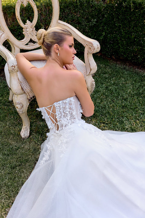 Ladivine C174W White 3D Floral Strapless A-Line Gown with Elegant Silhouette