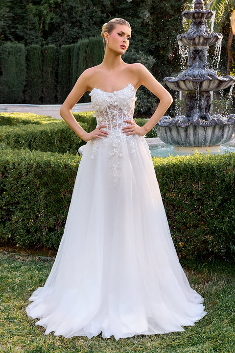 Ladivine C174W White 3D Floral Strapless A-Line Gown with Elegant Silhouette