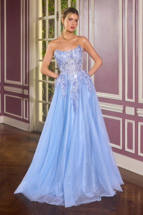 Ladivine C174 3D Floral Strapless A-Line Gown with Elegant Silhouette