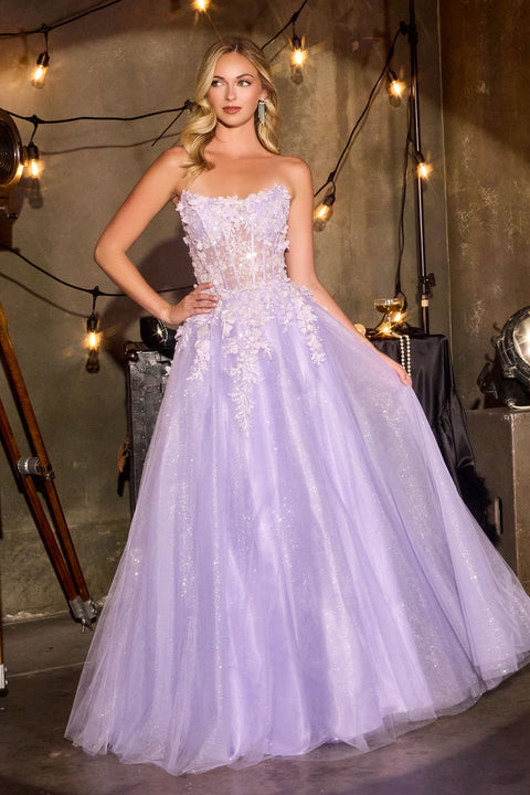 Ladivine C174 3D Floral Strapless A-Line Gown with Elegant Silhouette