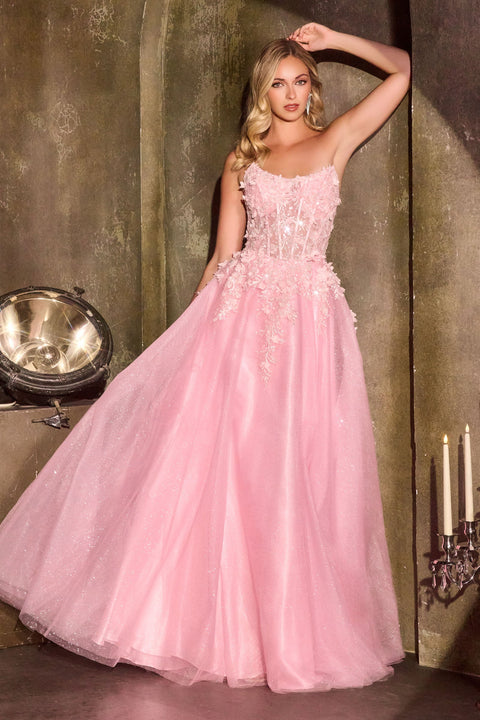 Ladivine C174 3D Floral Strapless A-Line Gown with Elegant Silhouette