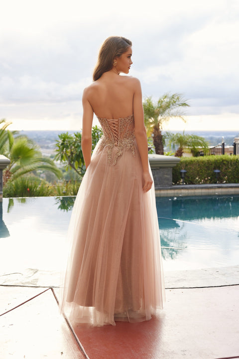 Nox Anabel C1843 Appliqué Strapless A-Line Slit Gown