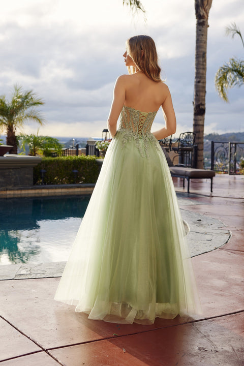 Nox Anabel C1843 Appliqué Strapless A-Line Slit Gown