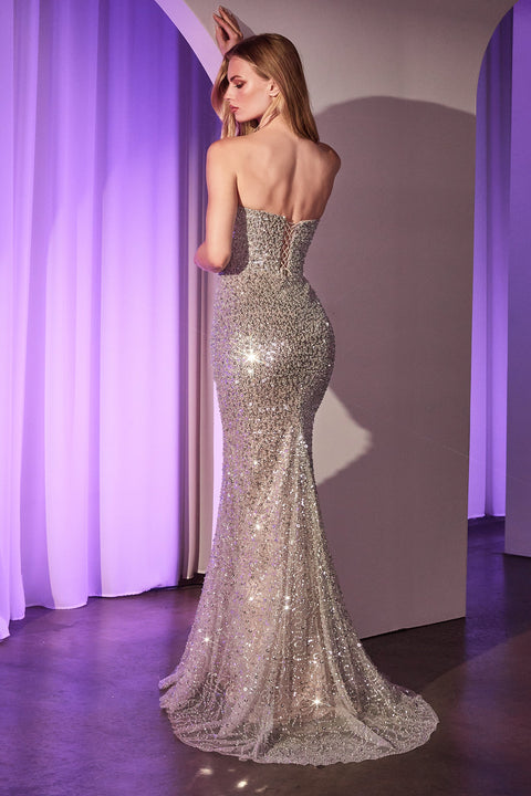 Ladivine CC385 Beaded Fitted Strapless Gown
