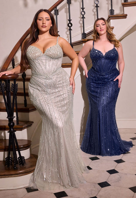 Ladivine CC398C plus size beaded sleeveless gown — product view