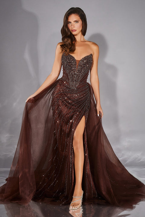 Ladivine CC492 beaded strapless overskirt gown — front view