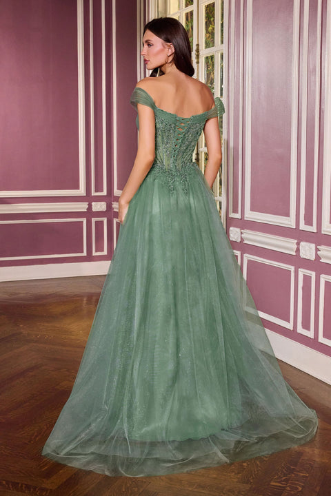 Ladivine CC493 glitter off shoulder a-line gown — back view